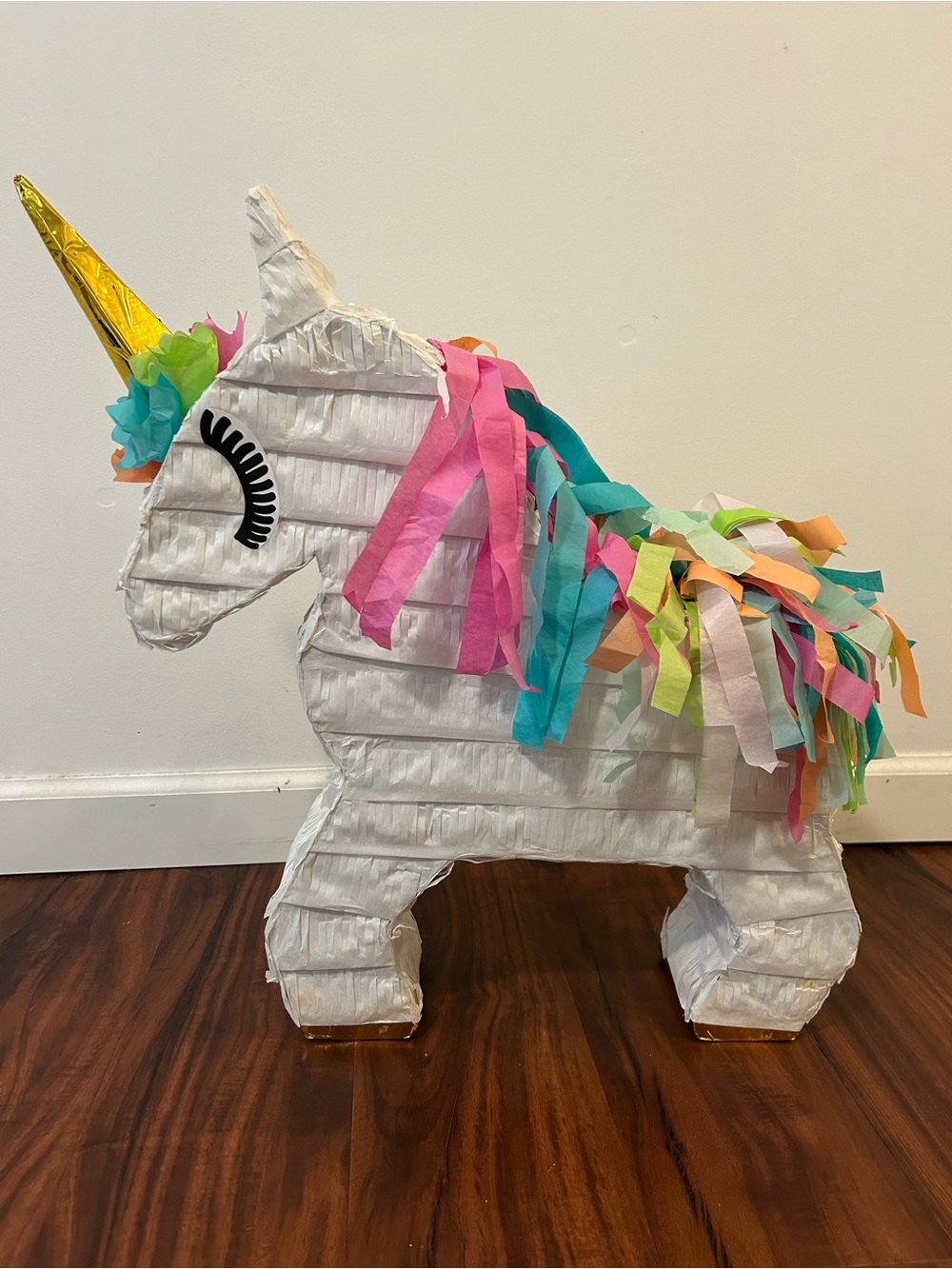 Large White Unicorn Pinata with Gold Horn and Multicolor Mane 20”